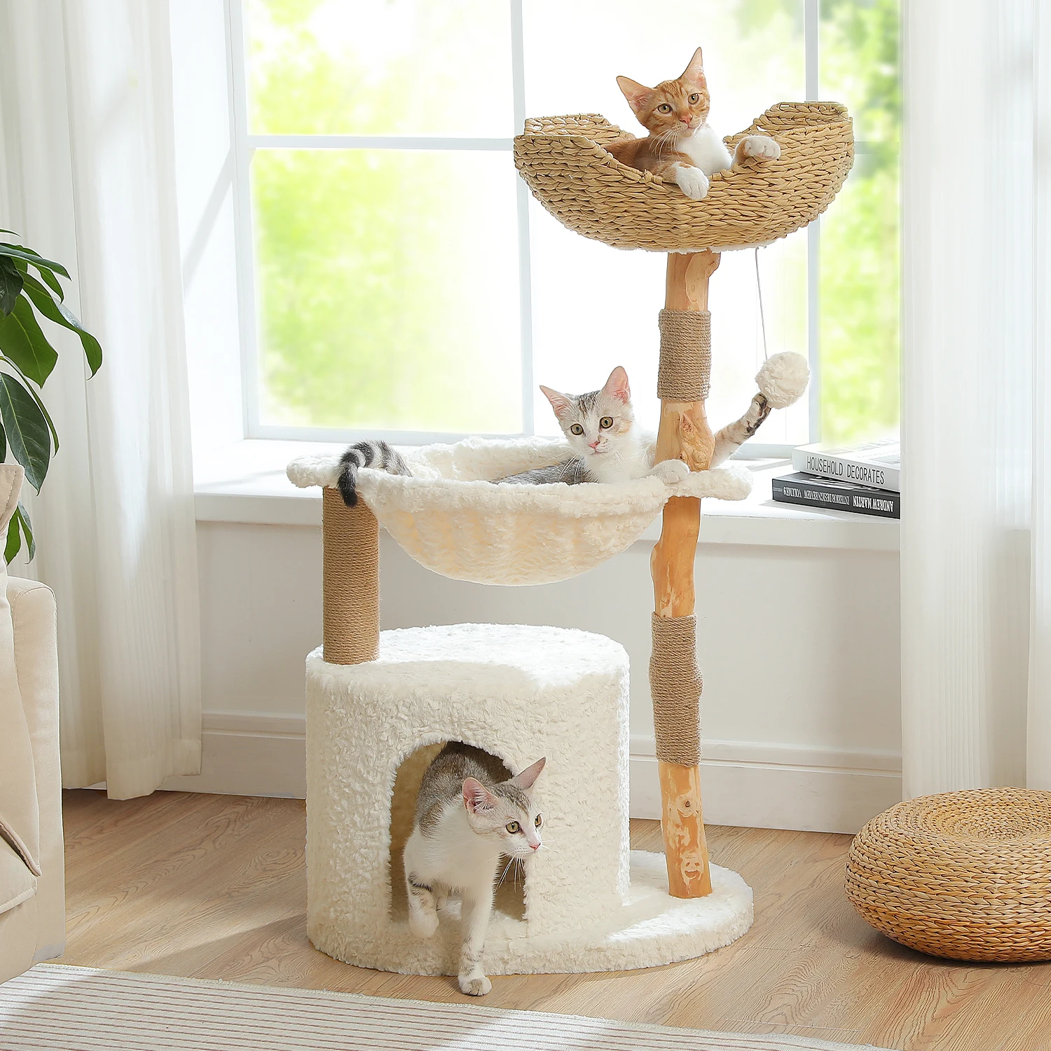 Torre moderna de árbol para gatos con postes rascadores de madera maciza Natural, bonita cesta de mimbre, cama de condón para gatos de lujo para juguetes de interior para gatos - imagen 3