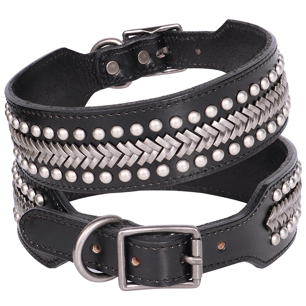 Collar para perro de 2 pulgadas de ancho, collares para perros grandes de cuero auténtico, Collar con tachuelas para mascotas, duradero para perros medianos y grandes, Bulldog Francés, Pug - imagen 2
