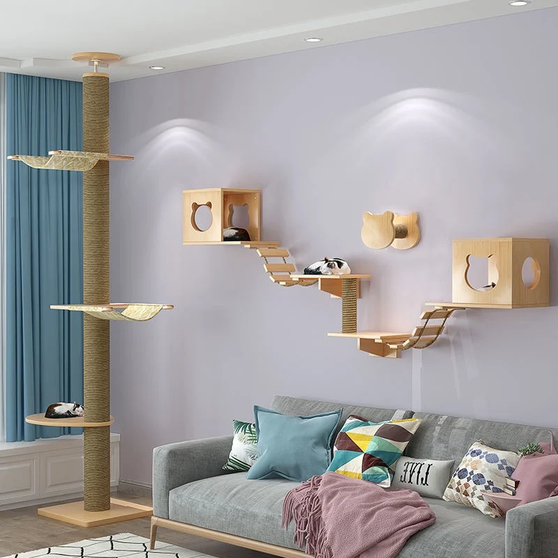 Marco de escalada para gatos de madera maciza, marco de escalera de madera instalado con postes para rascar gatos, juguetes de pared, plataforma de salto nido - imagen 2