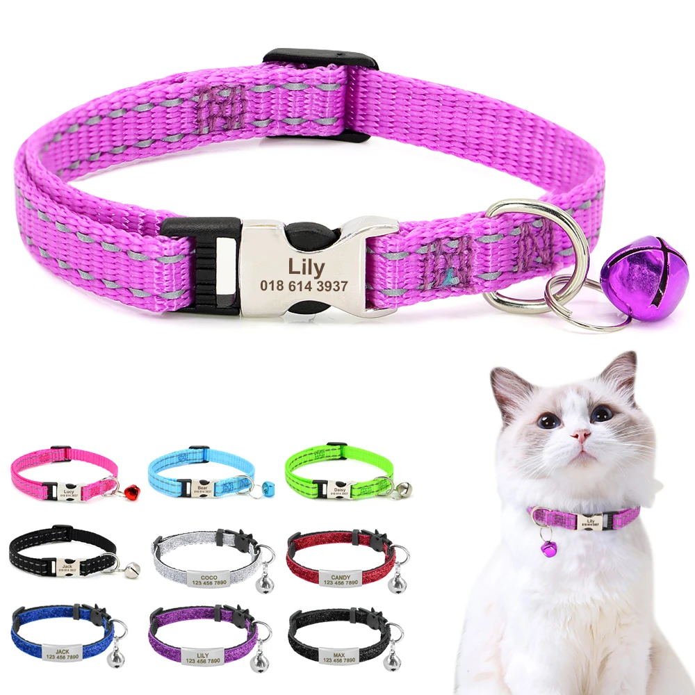 Collar de gato personalizado, collares de identificación de mascotas grabados gratis, Collar de nailon ajustable para gatos para perros pequeños, cachorros, gatitos con campana bonita