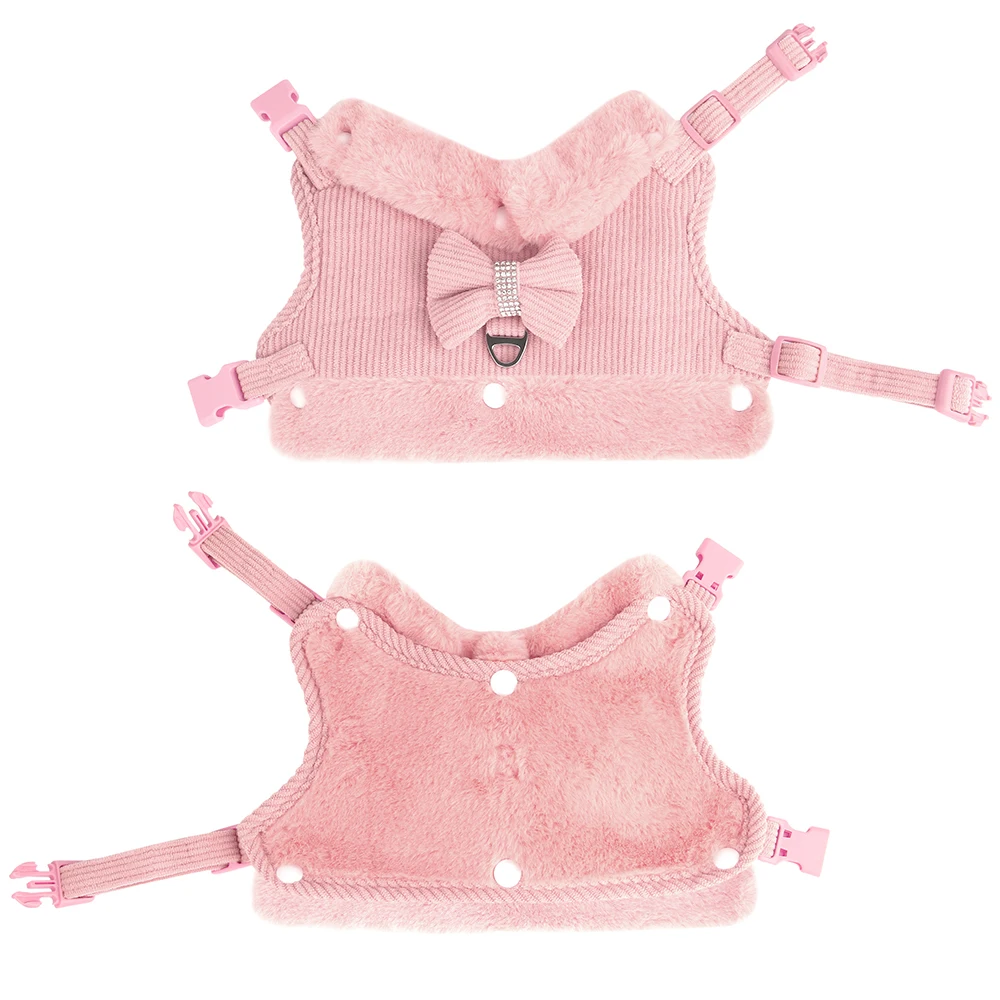 Conjunto de arnés y correa para perro, chaleco con cuello de piel suave y pajarita para Pug, Yorkie, color rosa, cálido, invierno - imagen 3
