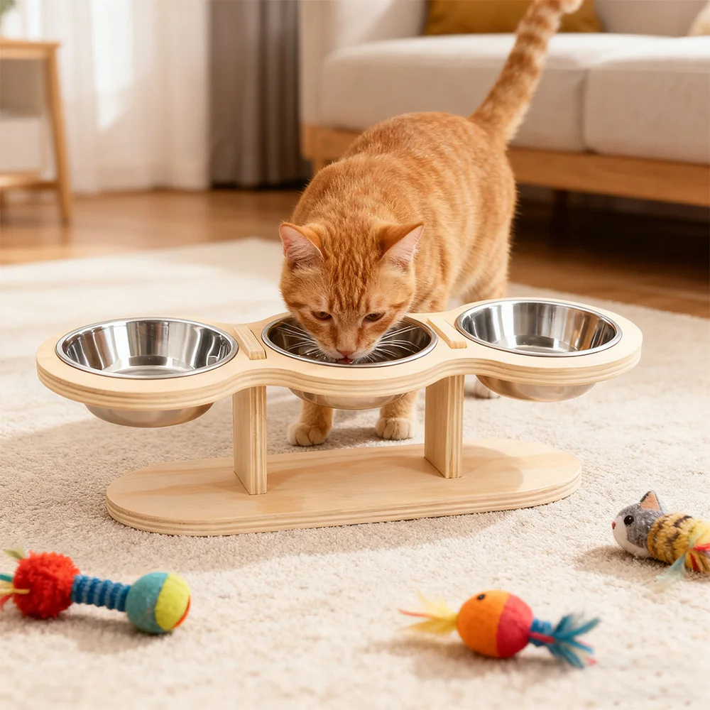 Comedero elevado para mascotas de 3 tazones, soporte elevado de madera con cuencos de acero inoxidable para interiores, gatos y perros pequeños, cuencos para comer saludable para mascotas - imagen 3