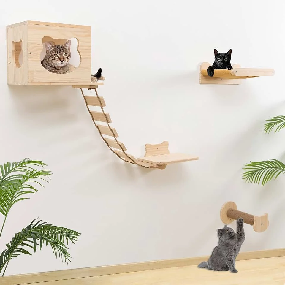 Marco de escalada para gatos, nido montado en la pared de madera maciza, árbol para gatos, plataforma de salto integrada para gatos, columna de agarre - imagen 2