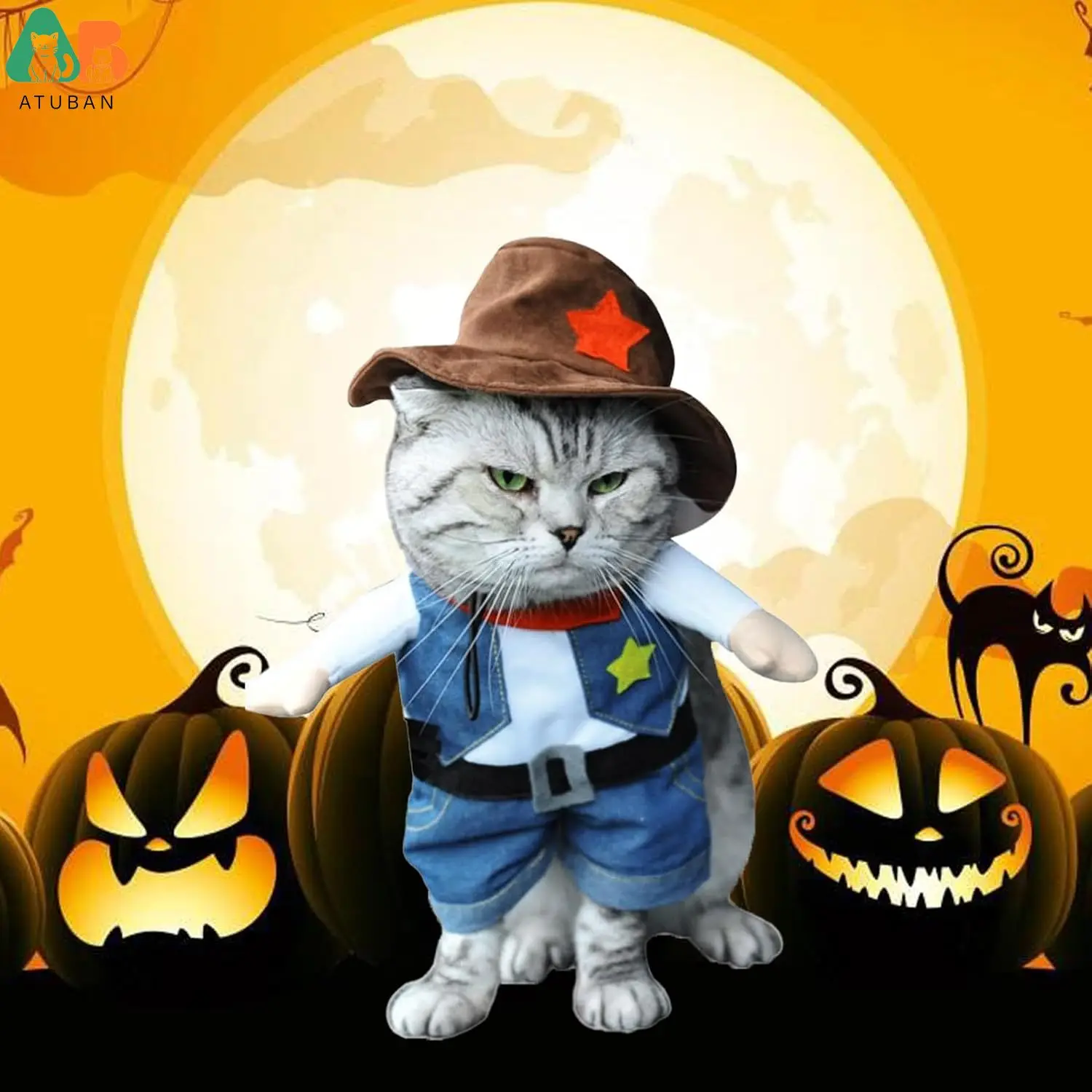 ATUBAN disfraz de vaquero para perro, divertido disfraz de gato para Halloween, uniforme de vaquero del oeste con sombrero, ropa para cachorros, traje de fiesta - imagen 2