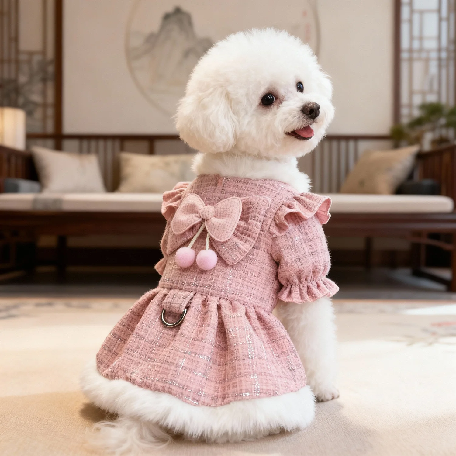 Vestido de tweed para perros pequeños con lazo y pompones - imagen 3