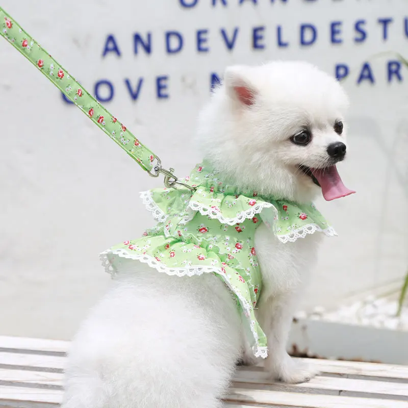 Vestidos con arnés para perros pequeños, bonito vestido Floral para cachorros, correa, lazo para niña, vestido de princesa para cachorros con anillo en D, vestido de malla suave para mascotas - imagen 2