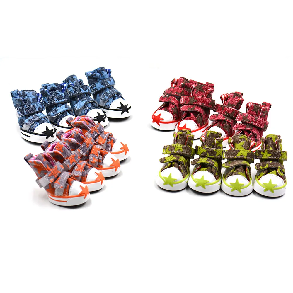 Zapatos de mezclilla transpirables con doble palo mágico para mascotas, zapatos antideslizantes para cachorros, patrón de estrellas, 4 piezas por juego - imagen 2