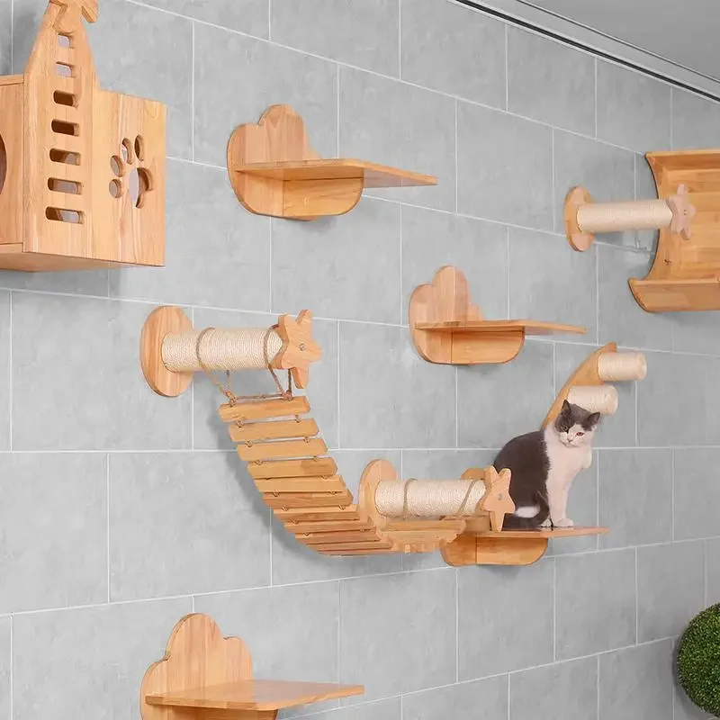 Centro de actividades para gatos montado en la pared de madera con tablero para rascar, hamaca y escaleras trepadoras, muebles de juego para escalar mascotas - imagen 3