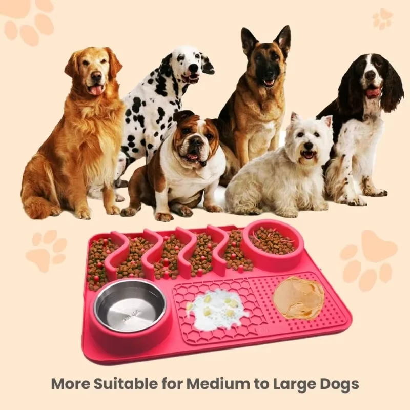 Estera de alimentación lenta para mascotas: silicona no tóxica (turquesa), herramienta mejorada para aliviar la ansiedad y el aburrimiento con cuenco de aluminio, 17x11x2 pulgadas - imagen 5