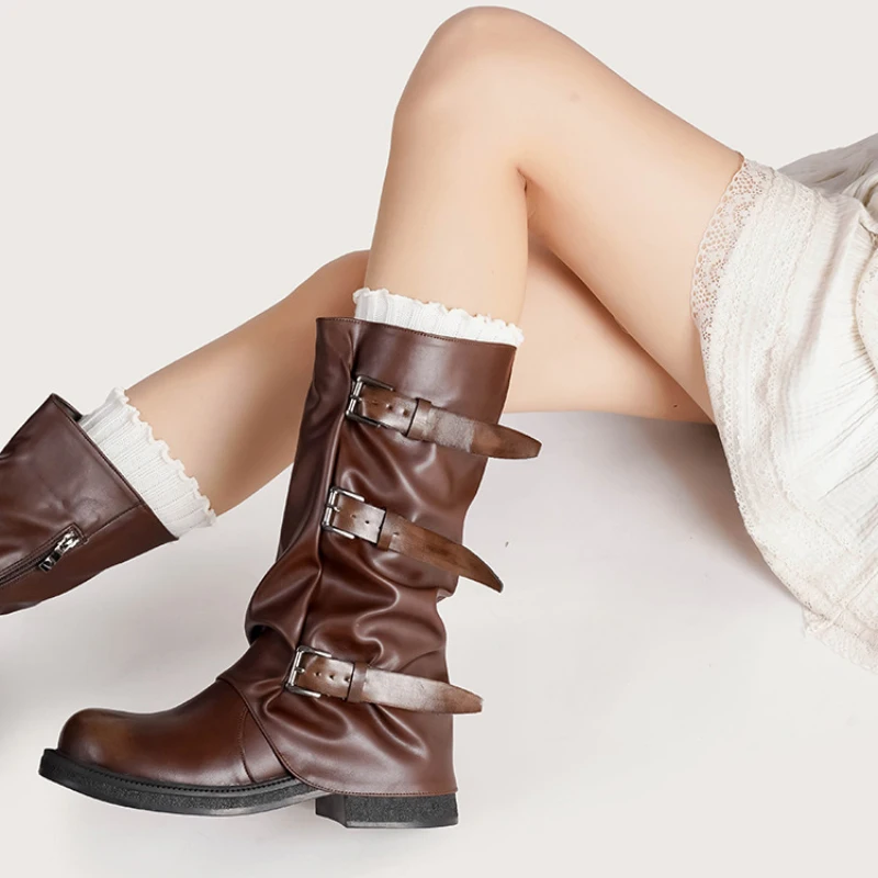 Botas medias de plataforma gruesa Retro con punta redonda para mujer, botas de caballero con hebilla Punk de diseñador de marca, Otoño Invierno, chicas de calle alta - imagen 2
