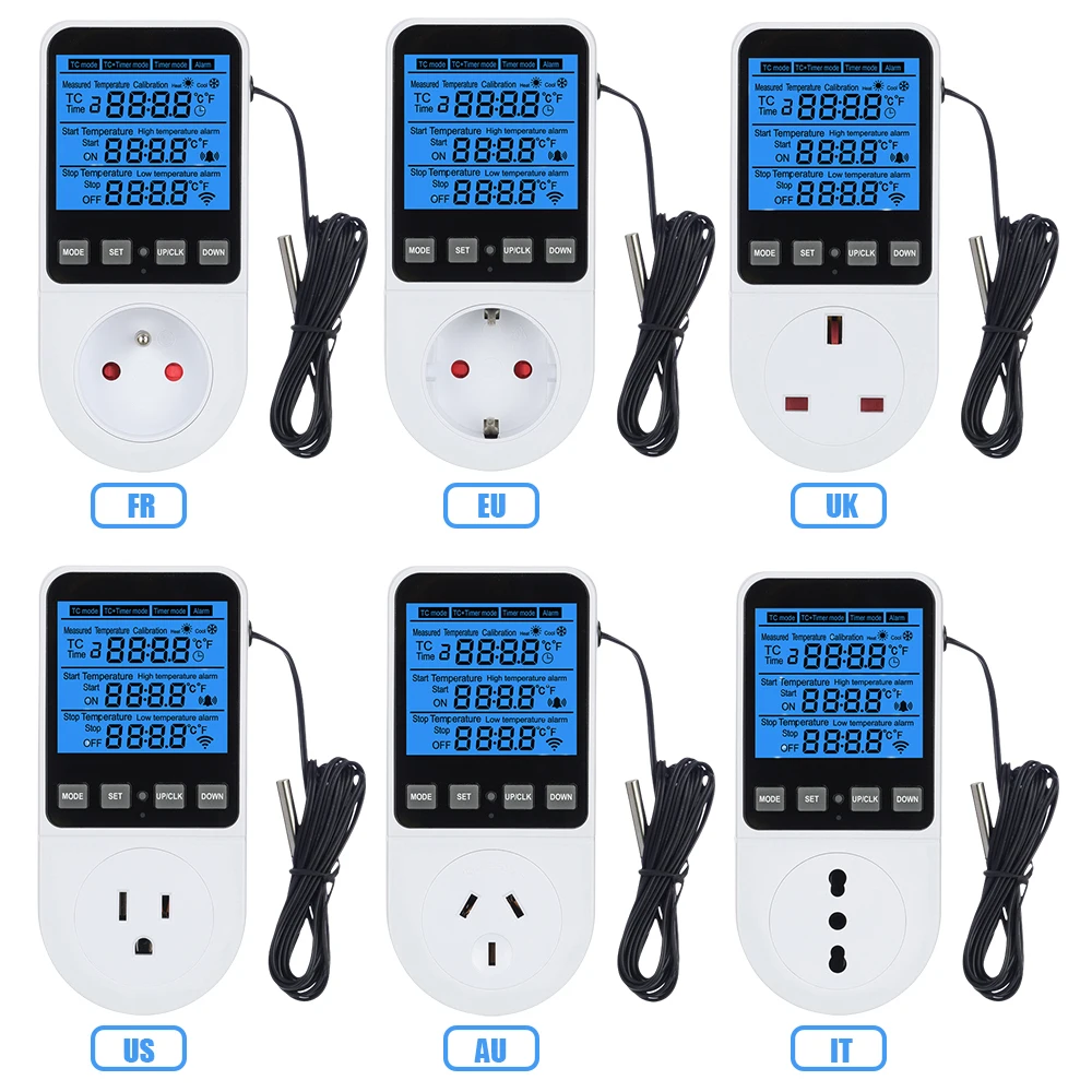 Controlador de temperatura completamente funcional, enchufe AC110 ~ 230V, interruptor de temporizador, termostato Digital, regulador de calefacción y refrigeración, termómetro