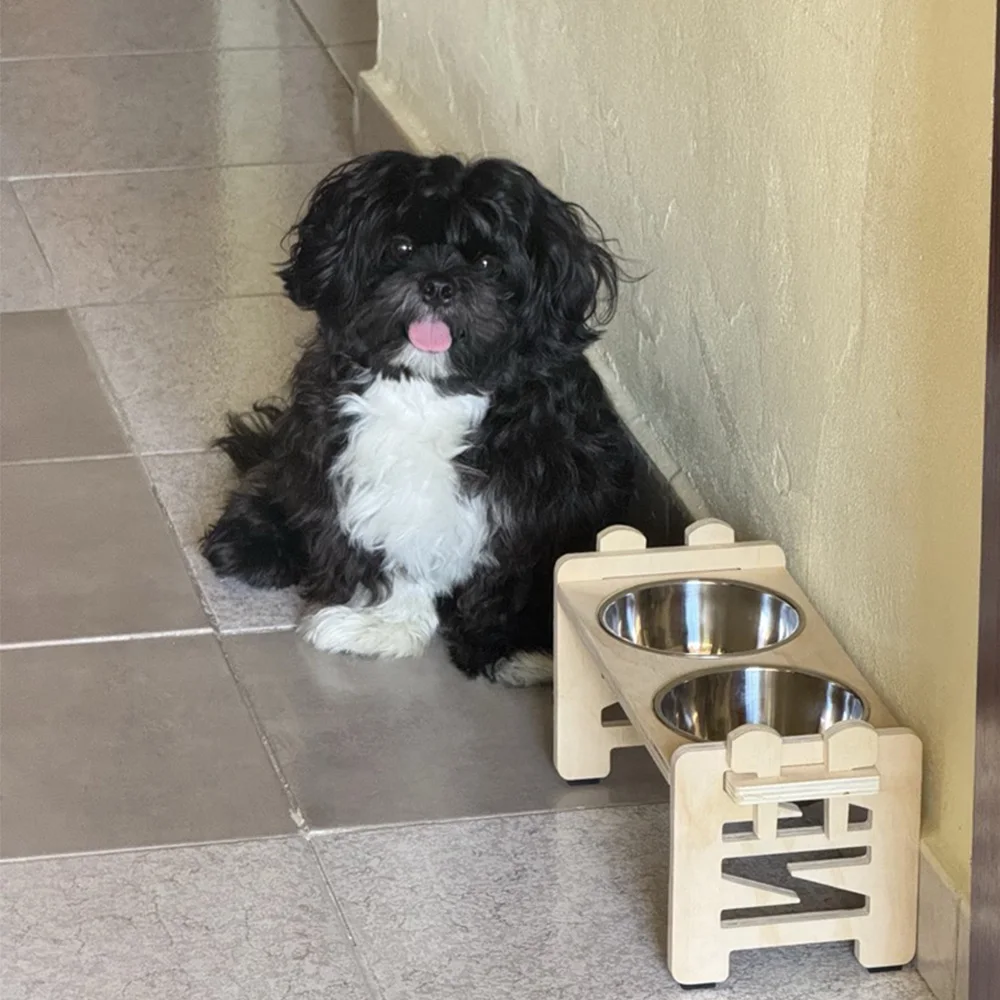 Comedero elevado de madera para perros y gatos con 2 tazones de acero inoxidable, soporte de cuenco elevado con inclinación ajustable para postura de comida saludable para mascotas
