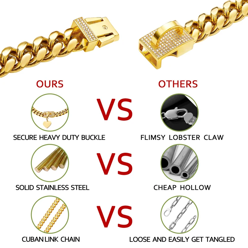 Benepaw Strong 18K Gold Dog Chain Collar Metal Collar Cubic Zirconia Secure Buckle Small Medium Big Dog Luxury Cuban Link - imagen 3