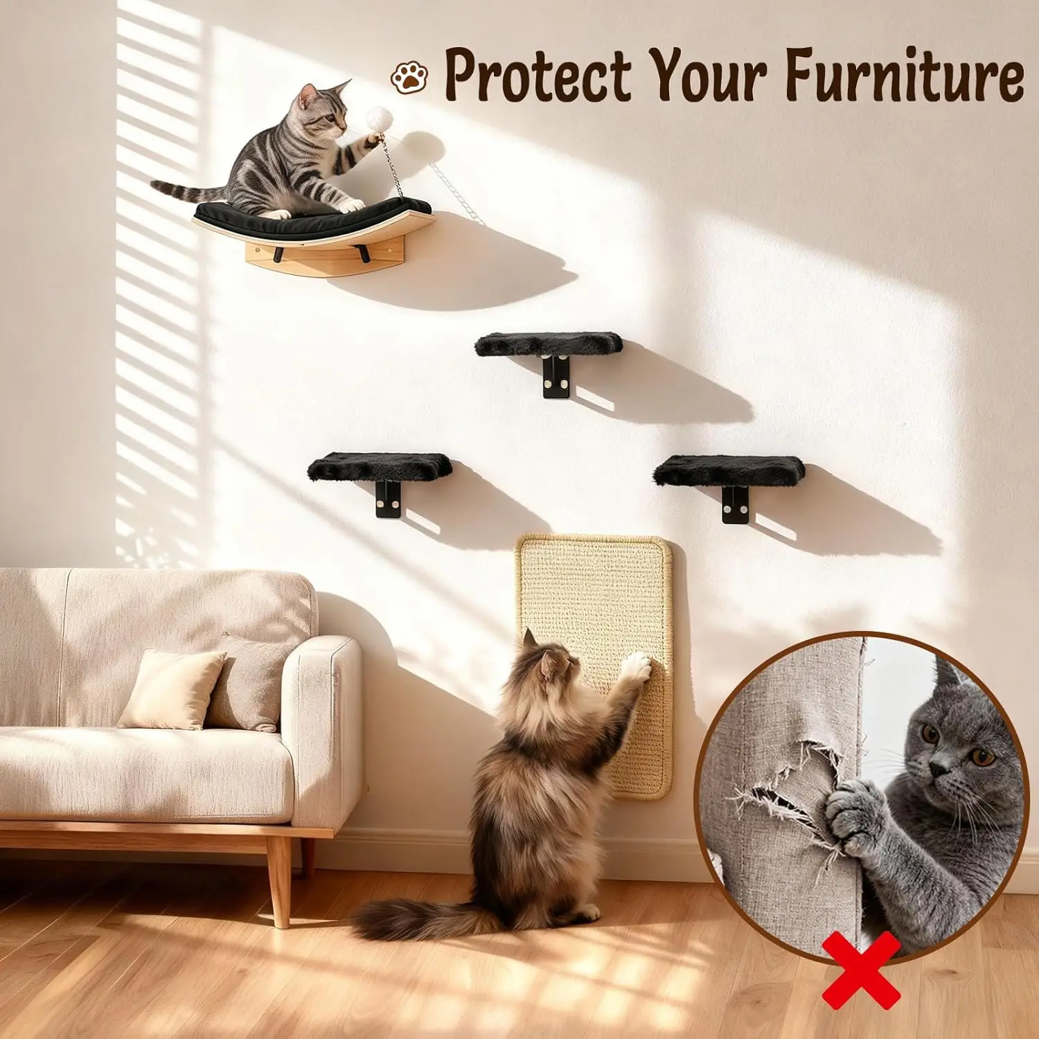 Mueble para gatos montado en pared con rascador y cama hamaca - imagen 4