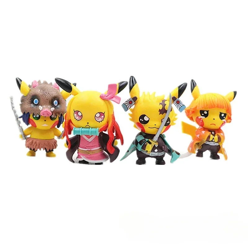 4 Uds Anime Pikachu Go figuras Pikachu Cosplay Demon Slayer Tanjirou Nezuko Zenitsu Inosuke colección de PVC niños juguete para regalo de cumpleaños - imagen 3