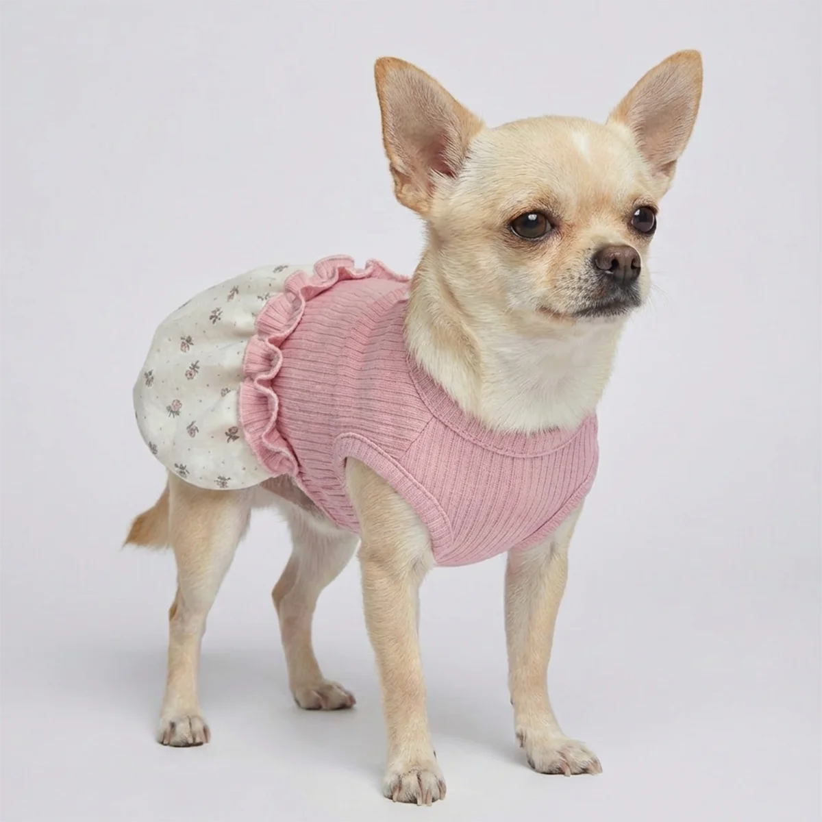 Vestido punto acanalado para perro pequeño con falda floral y volantes - imagen 5