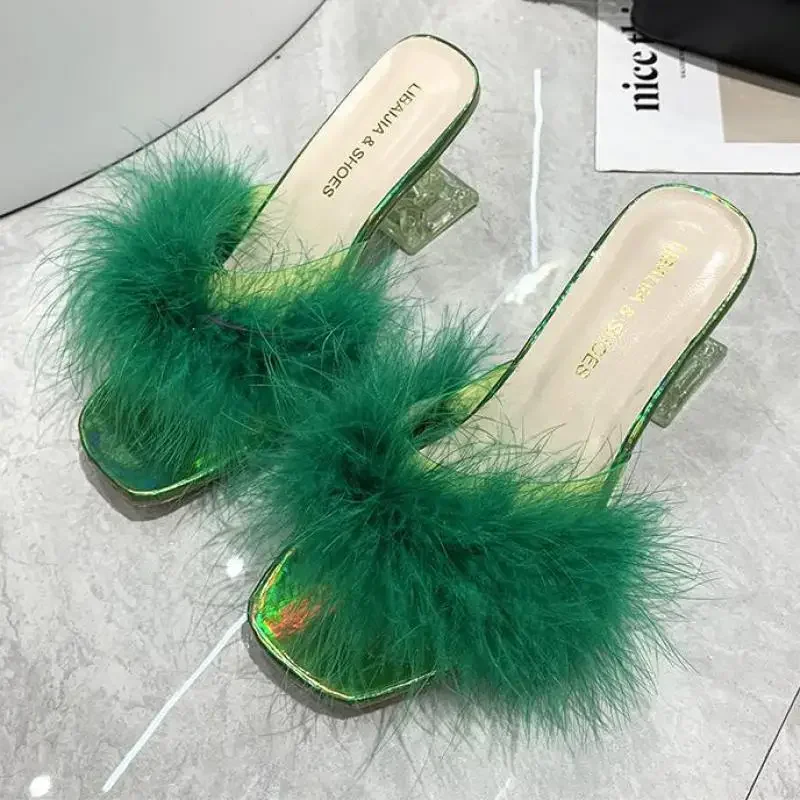 Ytmtloy-zapatos de tacón alto y esponjoso para mujer, Zapatillas de casa sin cordones de interior, con plumas de piel, 2022 - imagen 3