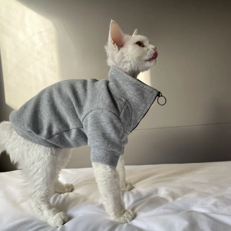 High-neck Grey Zip-up Sweatshirt for Sphinx Cat in Winter Warm Coat for Hairless Cat Autumn Spring Soft Loungewear for Devon Rex - imagen 4