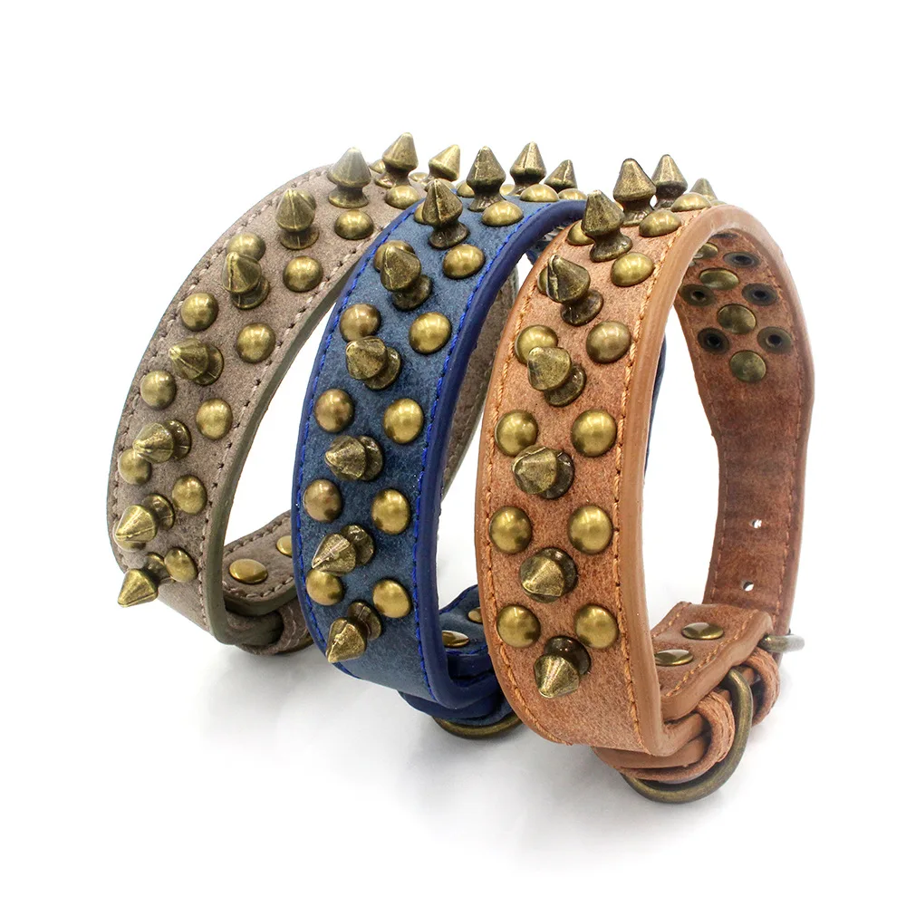 Collar de perro estilo punk con tachuelas de bala de bronce antiguo - Collar de cuero para mascotas a prueba de masticar con remaches para perros pequeños, medianos y grandes - imagen 3