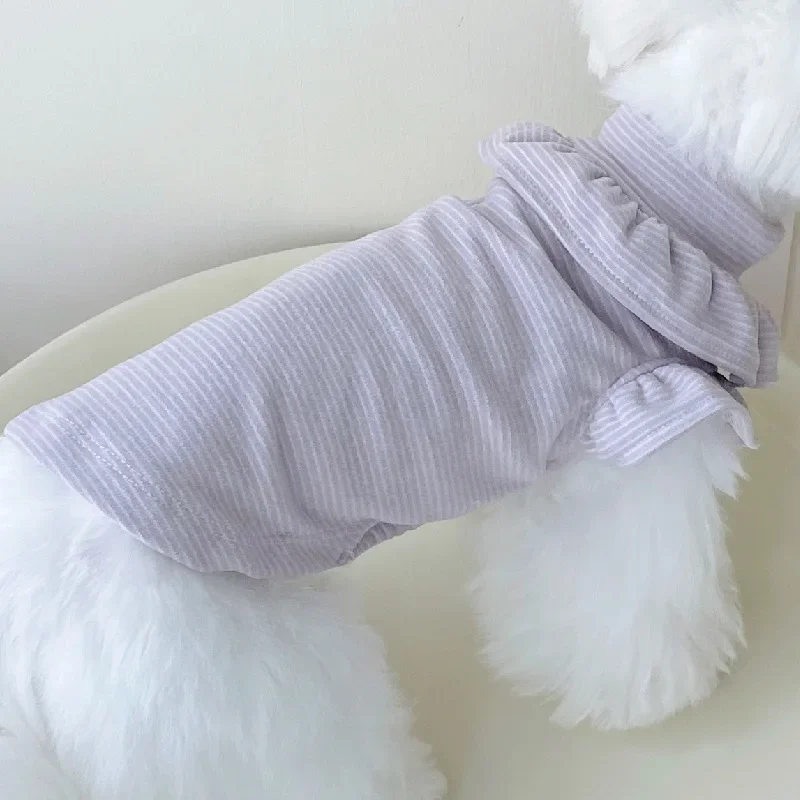 Ropa para mascotas, camisa básica de verano e invierno con cuello de encaje de felpa, camiseta con mangas voladoras, ropa para cachorros, Top de invierno a rayas moradas - imagen 5