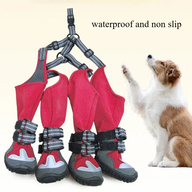 Zapatos con tirantes para perros, zapatos impermeables para caminar en invierno, botas largas cálidas antideslizantes, cubrezapatos para mascotas con terciopelo, talla grande y mediana - imagen 5