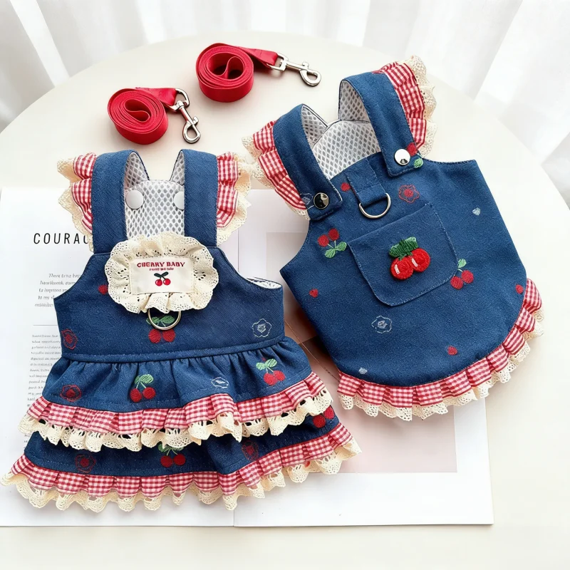 Conjunto de ropa para perros y gatos – Vestido de mezclilla con arnés - imagen 3