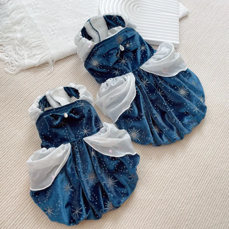 Falda estrellada azul profundo Ins para mascotas, Otoño/Invierno, ropa cálida para perros y gatos, falda gruesa de princesa de terciopelo para perros, vestidos para cachorros, ropa para mascotas - imagen 3