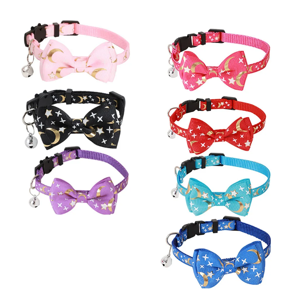 Collar de mascota con campana, cinta chapada en oro, lazo, estrella, Luna, gato, cachorro, nuevo