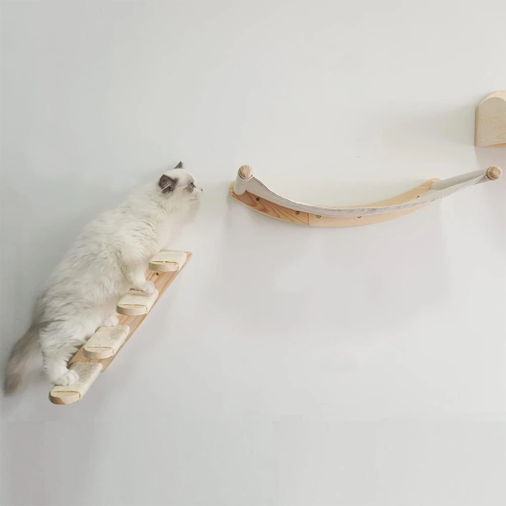 Hamaca de escalada para gatos montada en la pared, Sisal de madera maciza, escalera de escalada para gatos, plataforma de poste de agarre, muebles para mascotas de interior - imagen 2