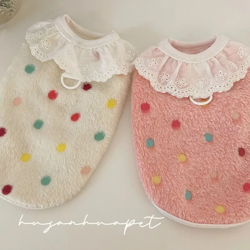 Ropa para mascotas de encaje cálido para invierno, Sudadera con capucha de terciopelo con lunares, chaleco con cuello de encaje, oso de peluche, se puede tirar, chaqueta para ropa para el hogar - imagen 4