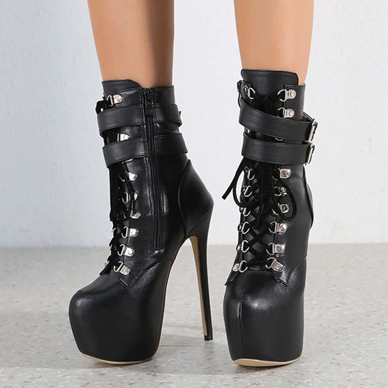 Botas sexis con plataforma y tacones extremadamente altos de 16,5 CM con correa y hebilla para mujer, zapatos de Stripper con cordones cruzados y punta redonda para fiesta y Club - imagen 3
