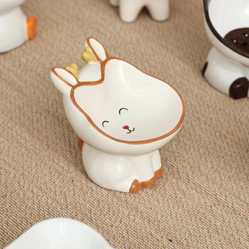Cuenco de cerámica con forma de Animal de dibujos animados para mascotas, cuenco de cerámica para gatos, perros, protección del cuello, comederos de boca oblicua, contenedor de comida y agua antillento negro