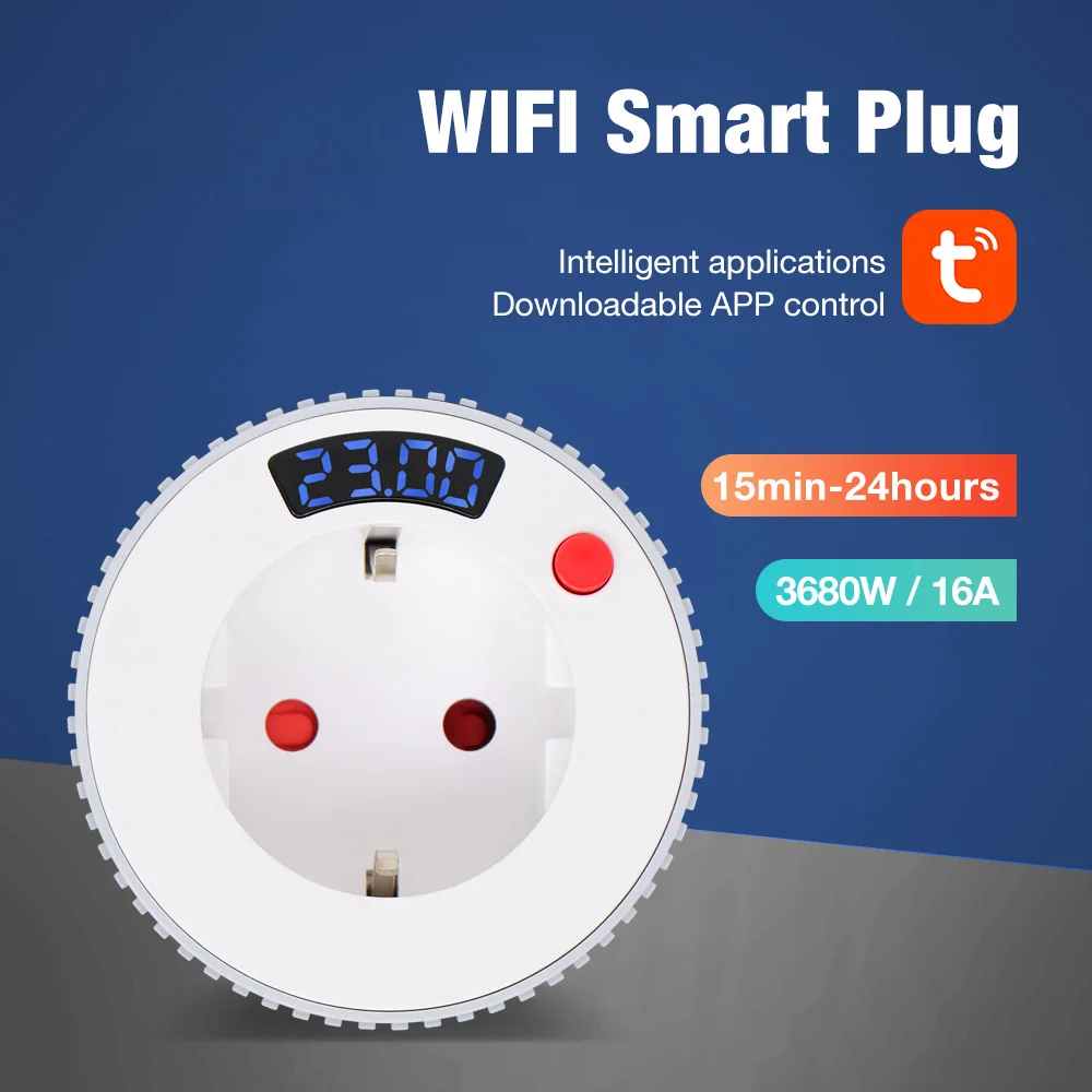 Enchufe inteligente WiFi, temporizador de cuenta atrás, pantalla LCD, interruptor de temporizador, ajuste giratorio, salida de cuenta atrás, 15 minutos-24h, 1min-23h59m