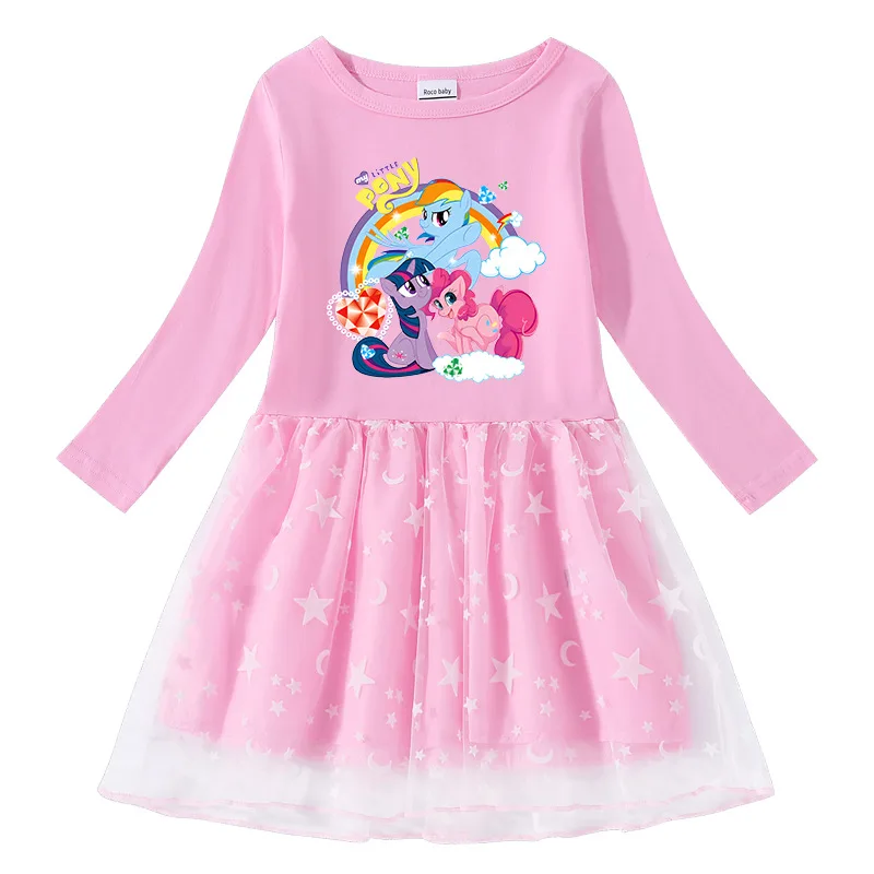My Little Pony primavera y otoño nuevo vestido lindo para niñas algodón estampado dibujos animados estrella Luna malla vestido de princesa de manga larga regalos juguete - imagen 4