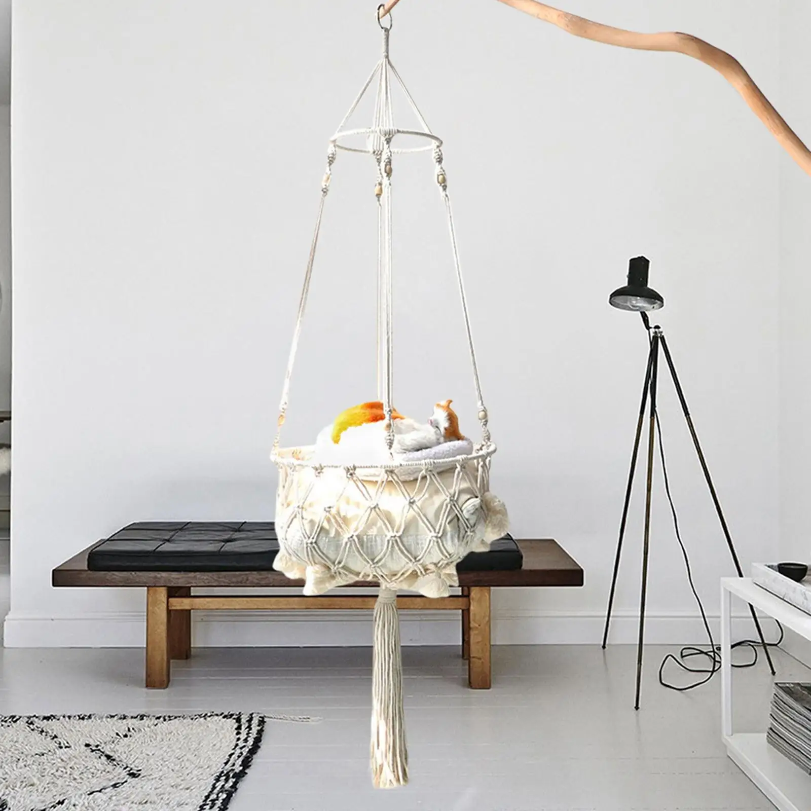 Hamaca de macramé para cama de gato, jaula de algodón decorativa, cuerda colgante para mascotas para pared - imagen 3