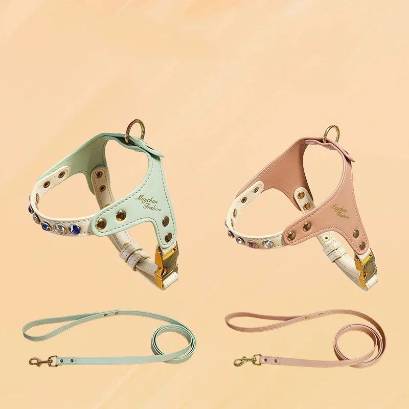 Arnés para gatos con diamantes de imitación, conjunto de correa, arnés reflectante ostentoso para mascotas, chaleco para perros pequeños, arnés para gatos brillante ajustable de cuero suave - imagen 2