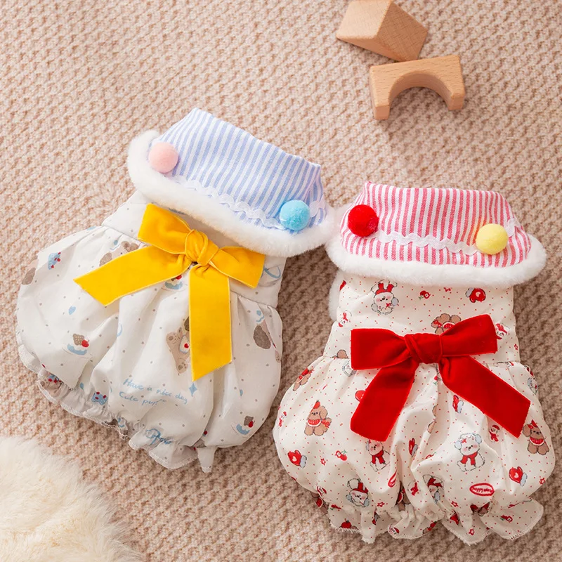 Ropa para gatos con solapa a rayas para mascotas, falda de calabaza estilo princesa con lazo cálido para otoño e invierno, abrigo grueso de felpa para perros