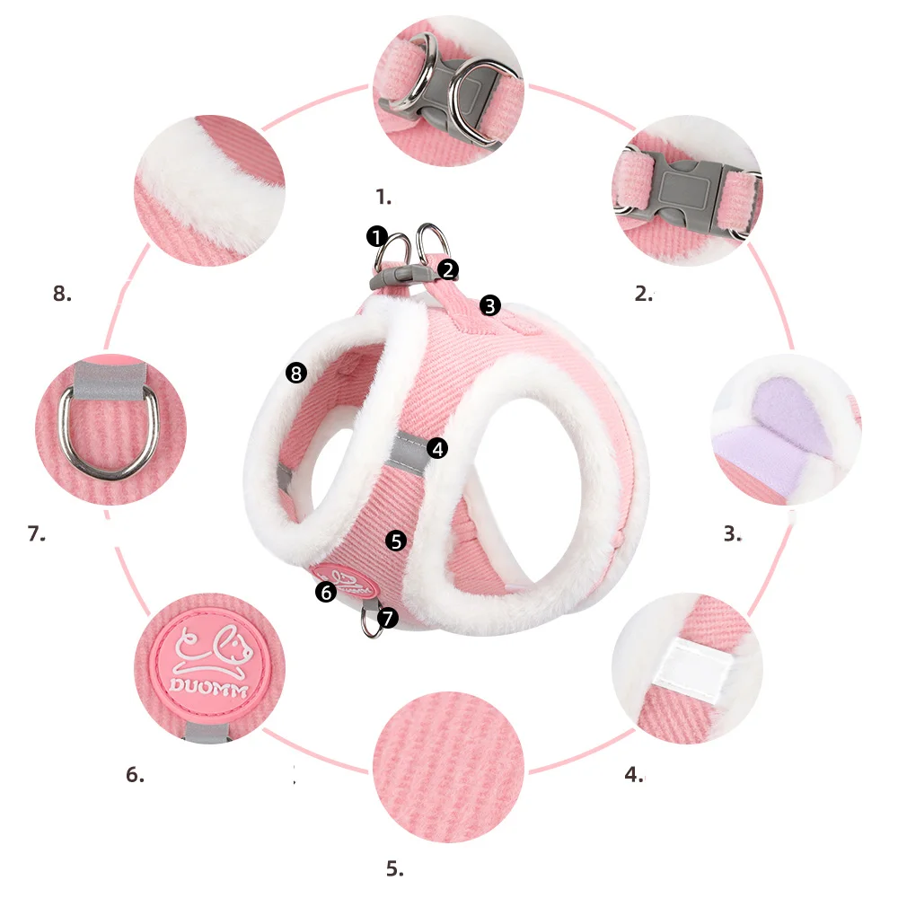 Conjunto de arnés y correa para perros y gatos de piel de conejo, suministros para caminar al aire libre para mascotas de invierno, arneses reflectantes ajustables para cachorros y gatitos - imagen 4