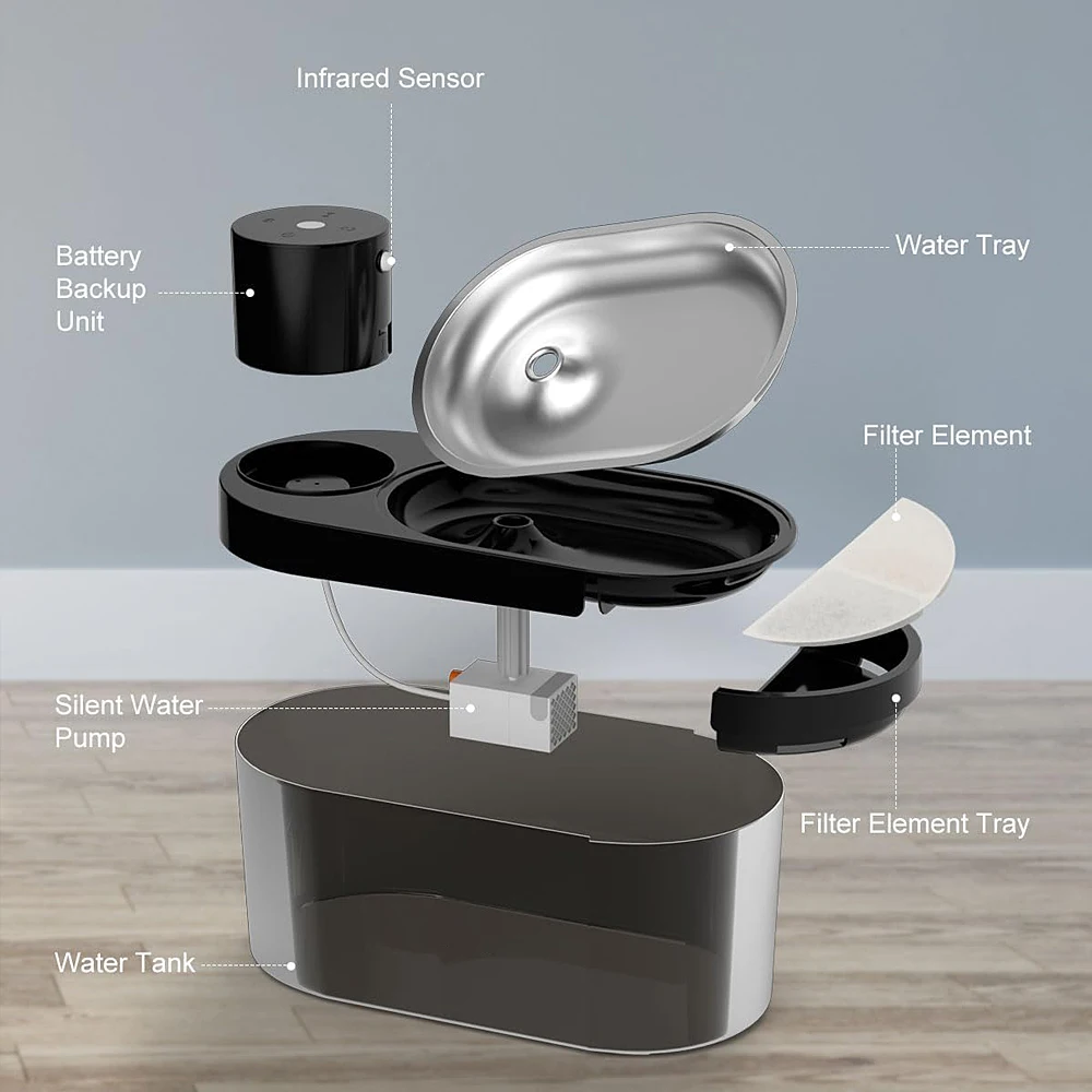 Fuente de agua inalámbrica para gatos, bomba silenciosa con pilas con LED interior de acero inoxidable con 3 modos de trabajo, Sensor para perros y gatos - imagen 3