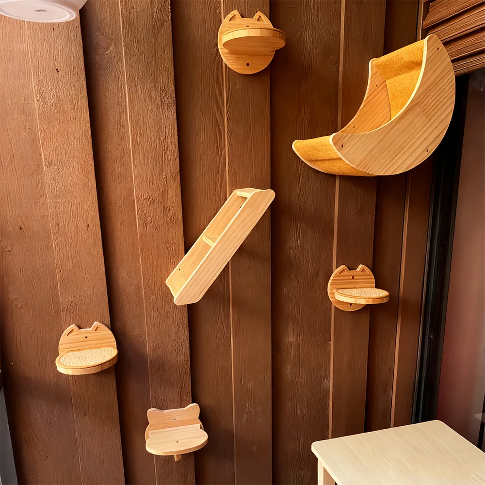 Sistema de escalada para gatos montado en la pared con estantes de madera Cama en forma de luna Plataformas de cara para gatos y escaleras de pared para jugar en gatos en interiores