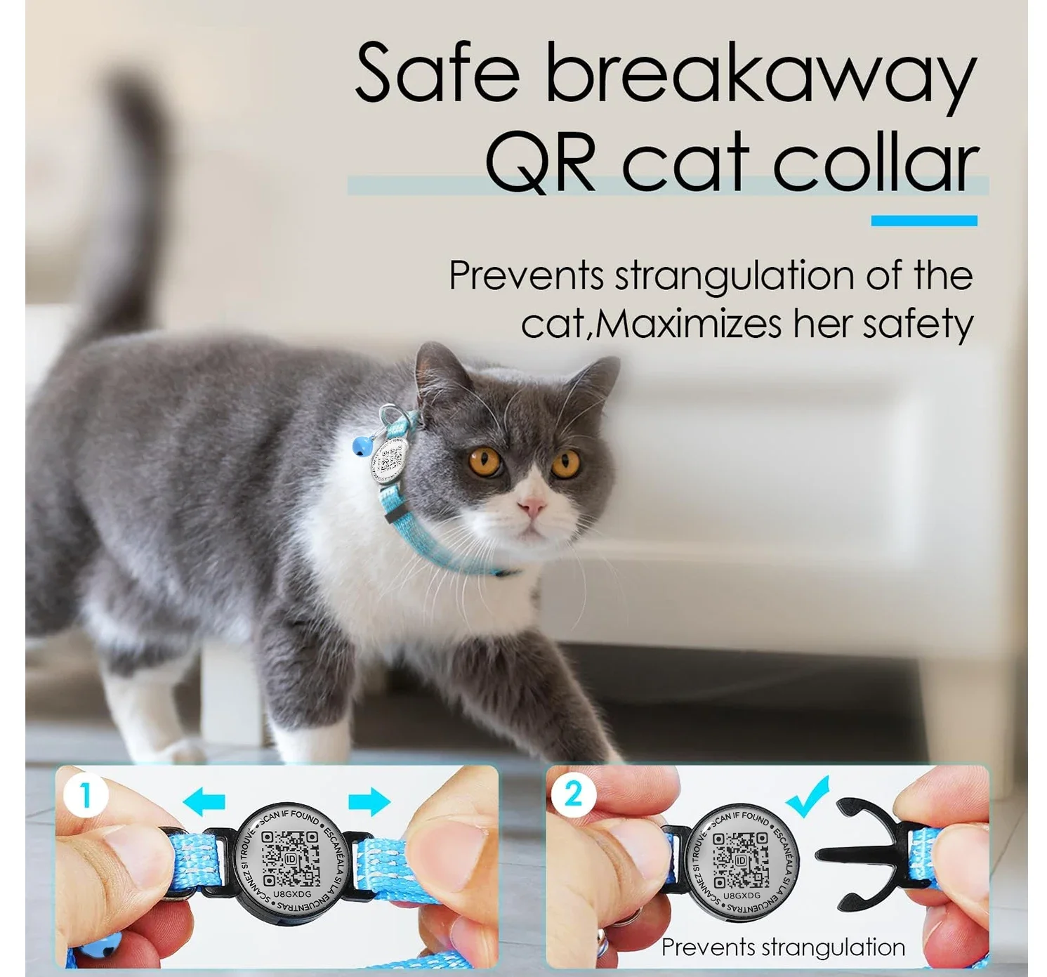 Collar para gato con etiqueta para mascotas QR Code con etiqueta de identificación y campana, accesorios para cachorros y gatos, collares reflectantes para gatitos, etiqueta para gatos, liberación rápida de seguridad - imagen 3