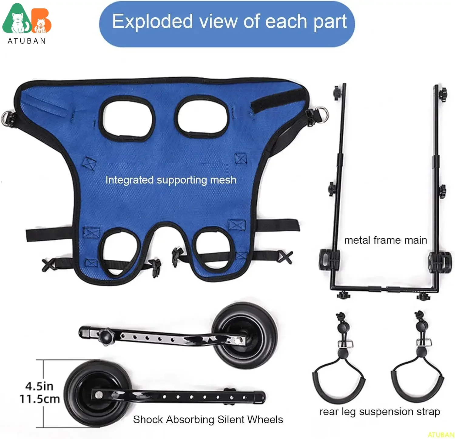ATUBAN Silla de ruedas para perros y gatos, carrito ajustable para mascotas con ruedas para patas traseras, soporte para perros y soporte para cadera, para recuperar la movilidad - imagen 4