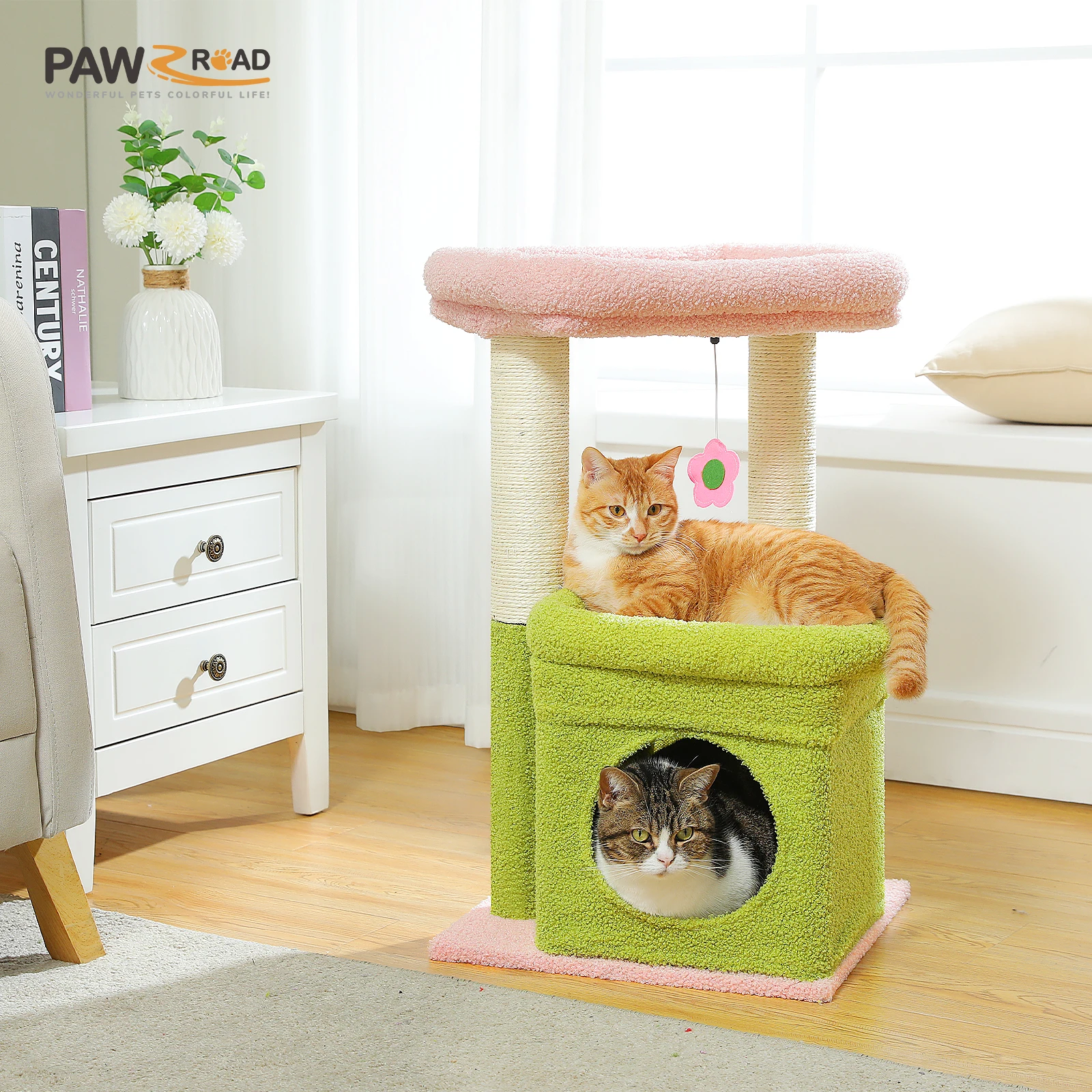 Torre para gatos con condo acogedor, perca superior ancha, postes de sisal natural, felpa suave, pompón juguetón adecuado para 1-2 gatos de interior - imagen 3