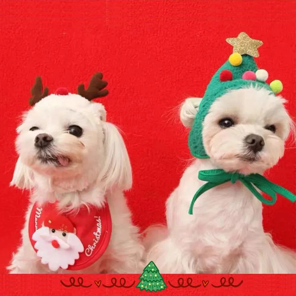 Disfraz navideño para cachorros, perros y gatos, gorro de Papá Noel y alce con Bandana, conjunto de bufanda, accesorios para gatos, suministros de vestir para vacaciones para mascotas