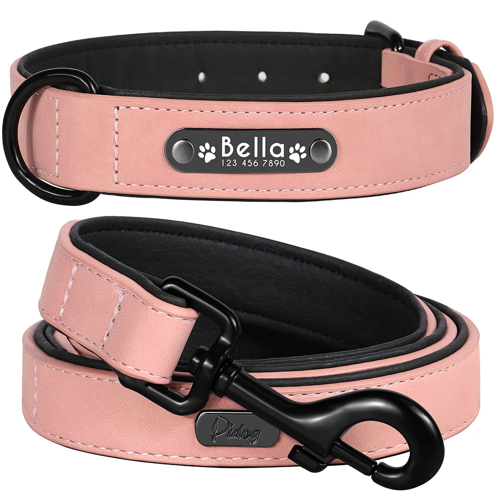 Juego de correa de Collar de perro personalizado, Collar de identificación de perro de cuero personalizado, correa de plomo para perros pequeños, medianos y grandes, Pugs de Bulldog Pitbull