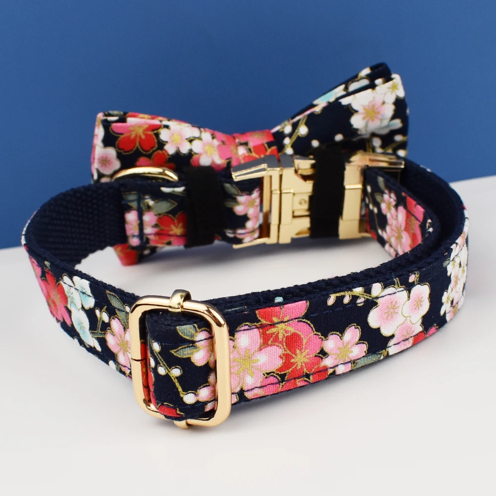 Collar de perro grabado personalizado de lujo, conjunto de correa y arnés, diseño Floral de algodón suave, accesorio de lazo personalizado para perros 03 - imagen 5