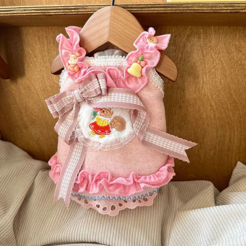 Vestido rosa de otoño/invierno con lazo para cachorros Yorkshire