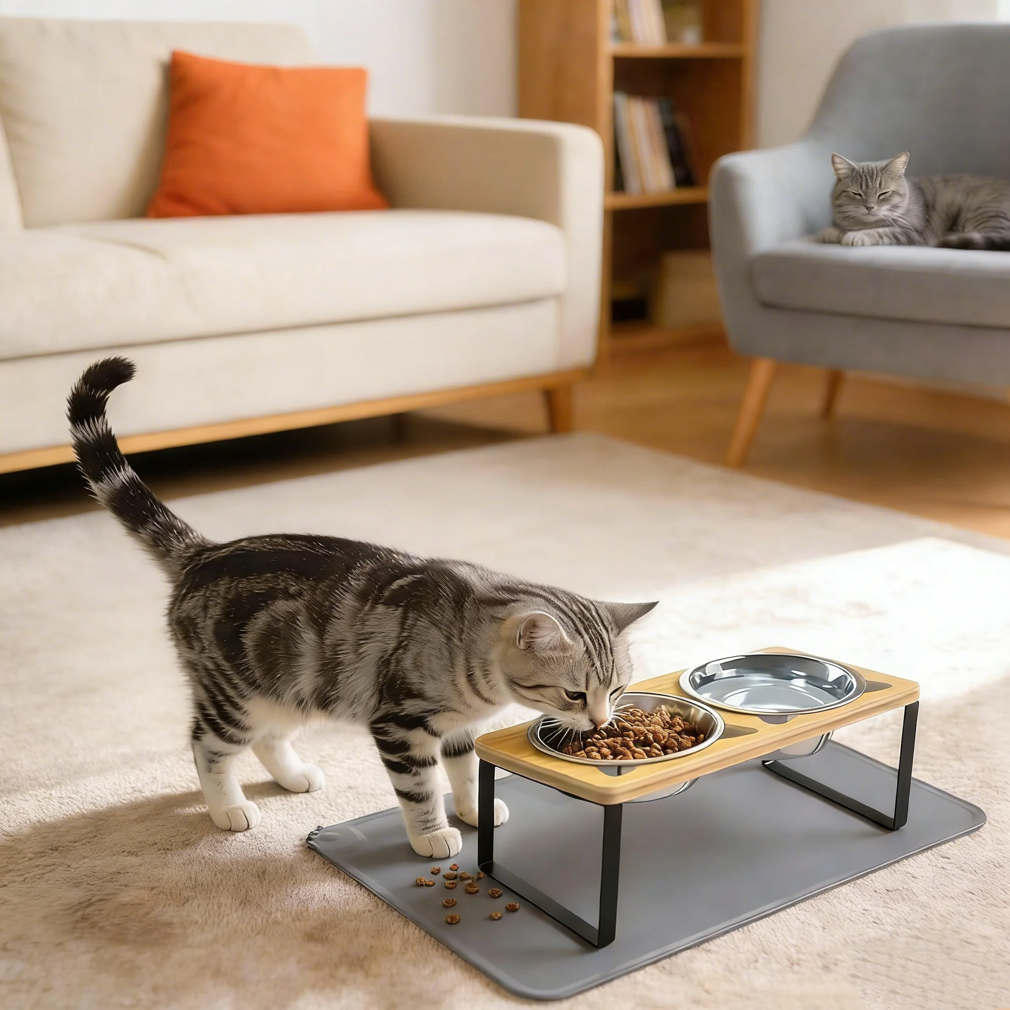 Comedero elevado para gatos con soporte madera e inclinación 15 grados