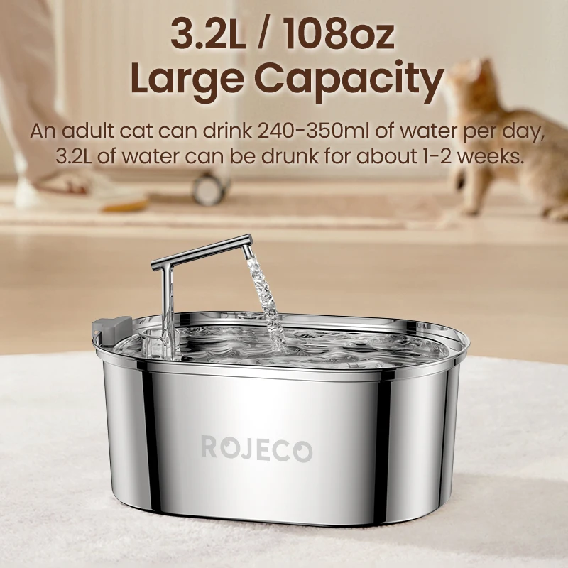 ROJECO-fuente de agua de acero inoxidable para gatos, bebedero automático de 3,2l para perros, accesorios dispensadores de agua para gatos y mascotas - imagen 3