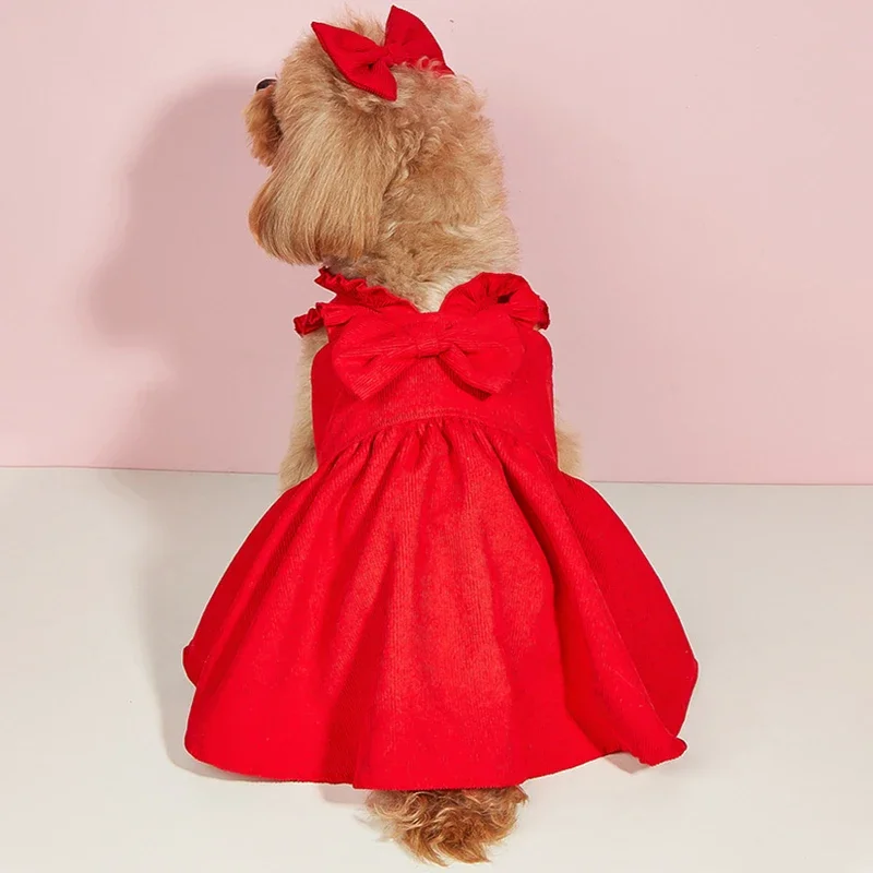 Lindo vestido de perro de estilo literario con pajarita y falda con tirantes, ropa para perros Teddy Corgi Bichon - imagen 3